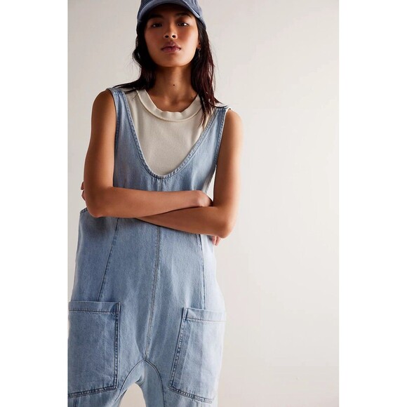 We the Free Free People Denim Overalls Womens Medium Blue High Roller Jumpsuit - Picture 2 of 12